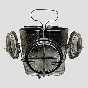 Silver Fade Highball Drink Glasses Chrome Caddy Rack Bar Set
